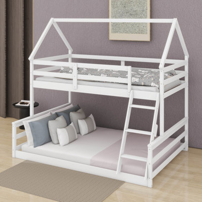Twin Over Full House Bunk Bed With Roof & Built-In Ladder, Solid Wood Floor Bunk Bed Frame