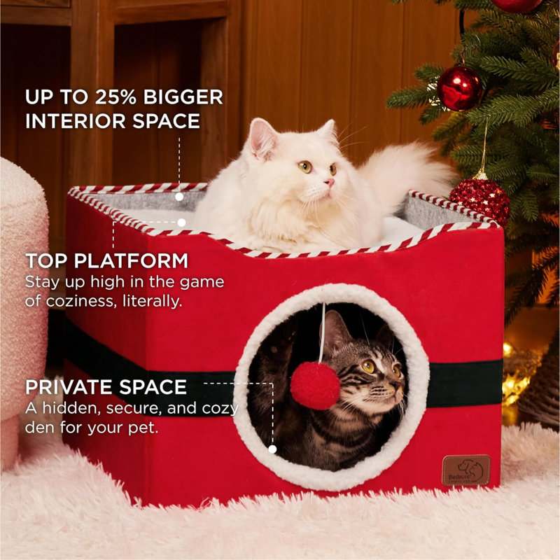 Lits pour chats pour chat - Grande grotte pour chat pour chat avec suspension de peluche et coussin à gratter, cachette pliable pour chat, 16,5 x 16,5 x 13 po, rouge