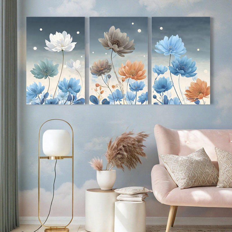 «Blue and Orange Floral», ensemble de 3 reproductions botaniques abstraites sur toile, H 36 po x l 72 po