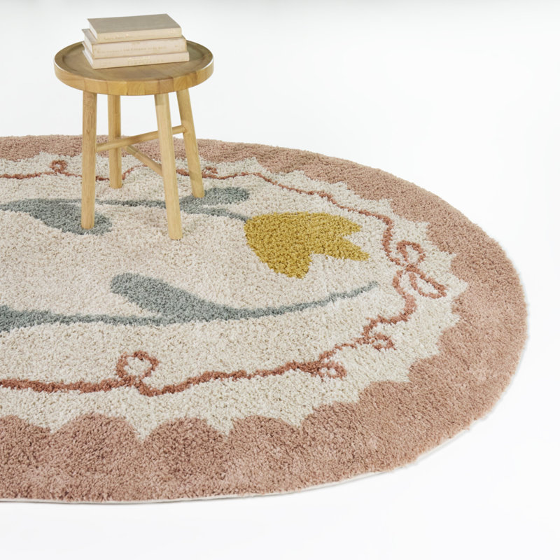 Meadow Coral/Yellow Kids Floral Ribbon Border Oval Area Rug, 5'3" x 6'11" Oval