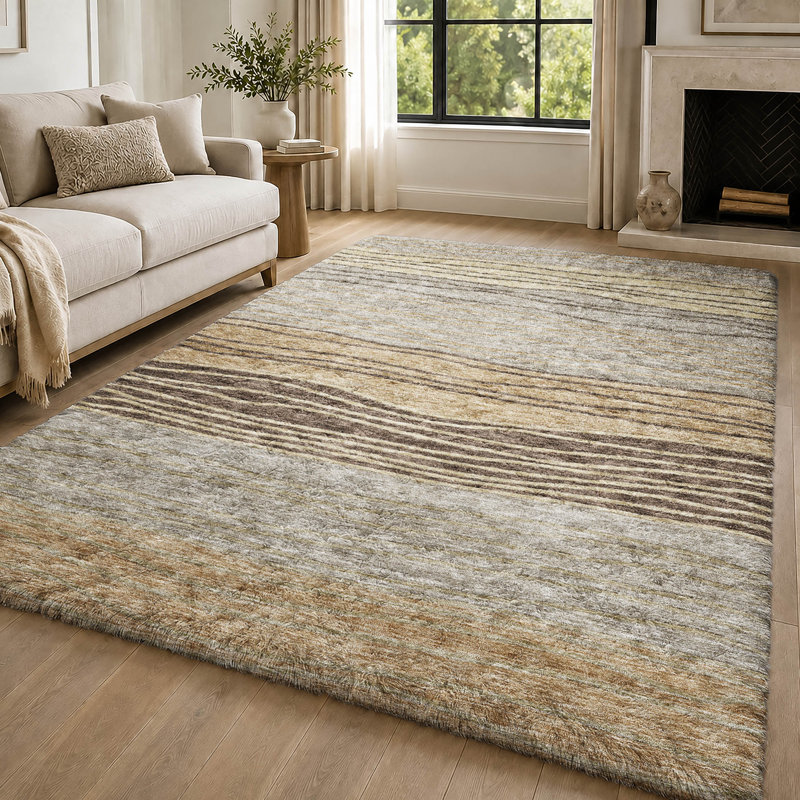 Tapis à rayures Dream Shag ADS735 lavable à la machine de qualité supérieure, Taupe, 3' x 5'