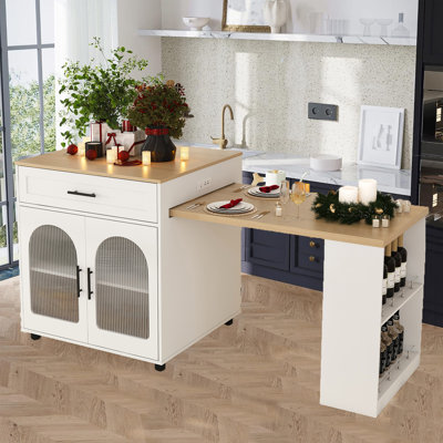 80" Rolling Kitchen Island With Storage Extendable Table, Mobile Kitchen Islands With Charging Station For 2-6, 3 In 1 Kitchen Prep Table On Wheels Fo by Latitude Run