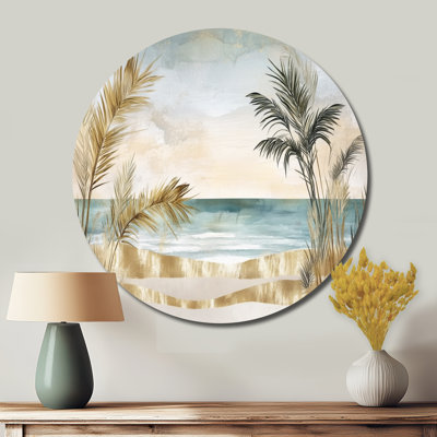 «Palms Leaves Collage Horizon At The Beach» - Décoration murale ronde en métal Palmiers