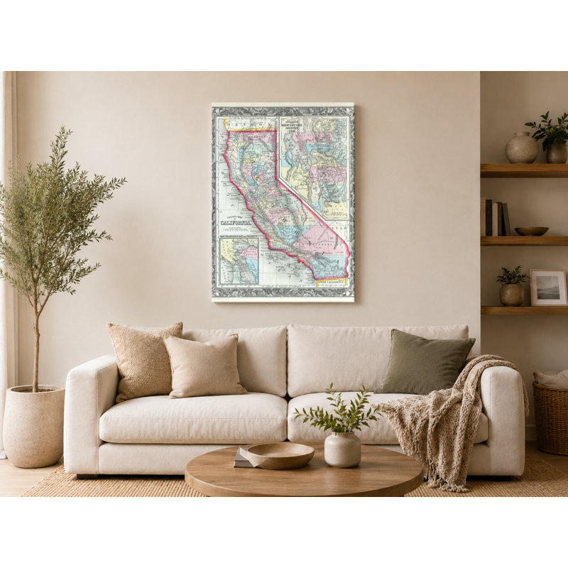 County Map of California (1860) - Art mural sur toile, 14" W x 11" H