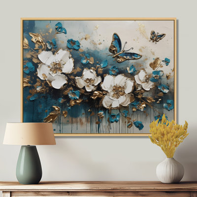 «Rozalia Golden Blue Butterfly Wings And Flowers II», reproduction sur toile