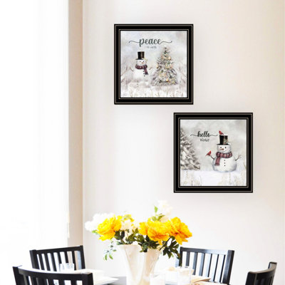 «2 Winter Wall Art - Peace On Earth», encadré noir pour un projet de mise en valeur de la maison, décoration de chambre à coucher pour le salon, bois multicolore + encadré de papier, pièce de décoration, création de qualité
