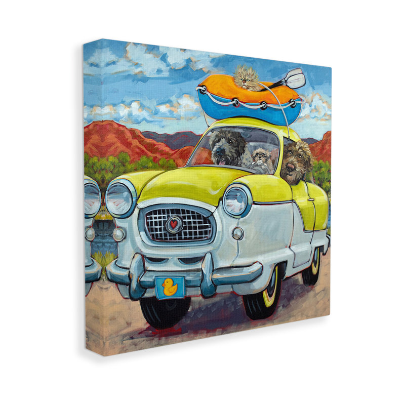 Impression sur toile, "vacances de chiens en voiture" par CR Townsend, H 17 po x l 17 po