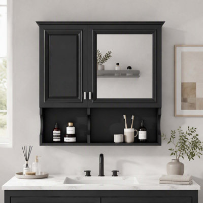 Armoire à pharmacie murale avec miroir de salle de bain, tablettes ouvertes et rangement ajustable