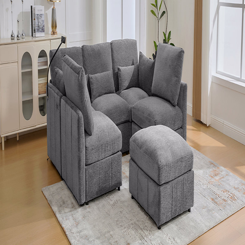 Canapé modulaire de base, canapé moderne Canapé modulaire Canapé-lit en U de 85,4 po Canapé-lit en L avec repose-pieds mobile, deux ports USB et un support pour téléphone