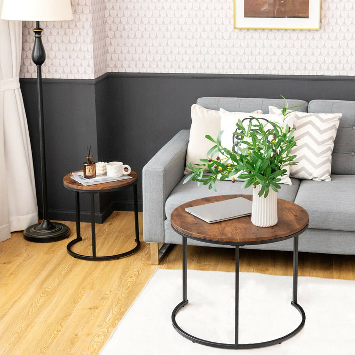Rustic Brown Round Wood and Metal Nesting Coffee Tables, Set of 2