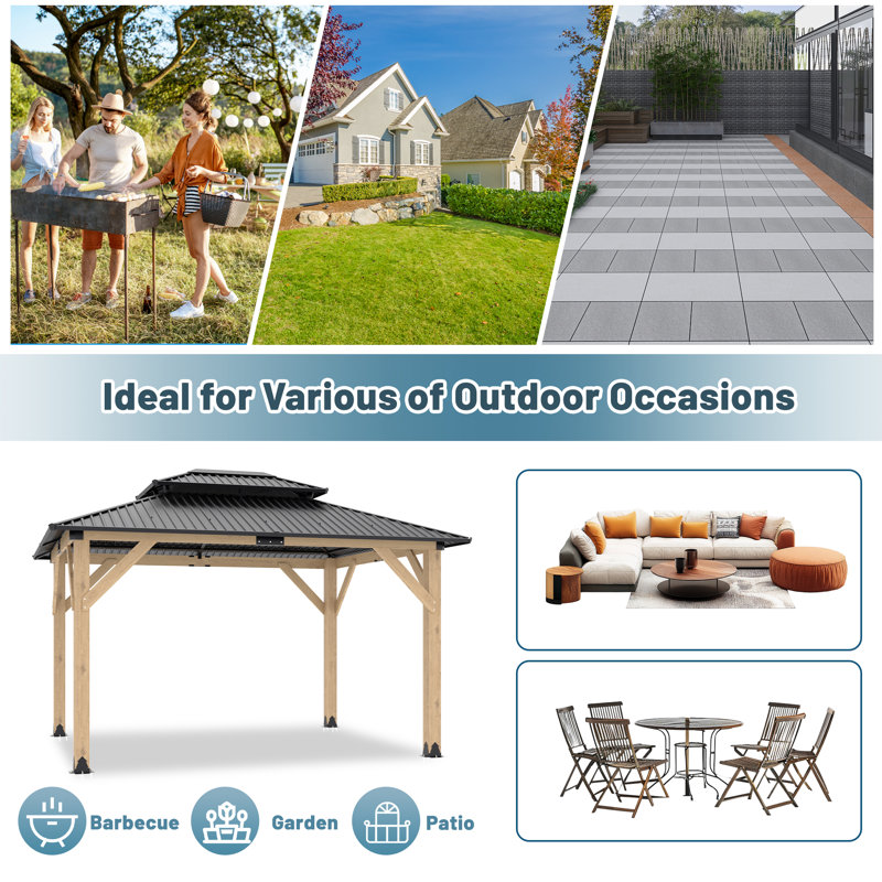 12 Ft. W X 10 Ft. D Solid Wood Patio Gazebo, Patio Cedar Wood Gazebo Galvanized Steel Hardtop Heavy Duty Frame For Garden, Lawn, Poolside, Backyard Deck