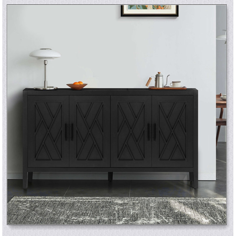 4 Door Wooden Twill Sideboard American Country Vintage Old Living Room Dining Room Hallway Entryway, Black/Dark Walnut