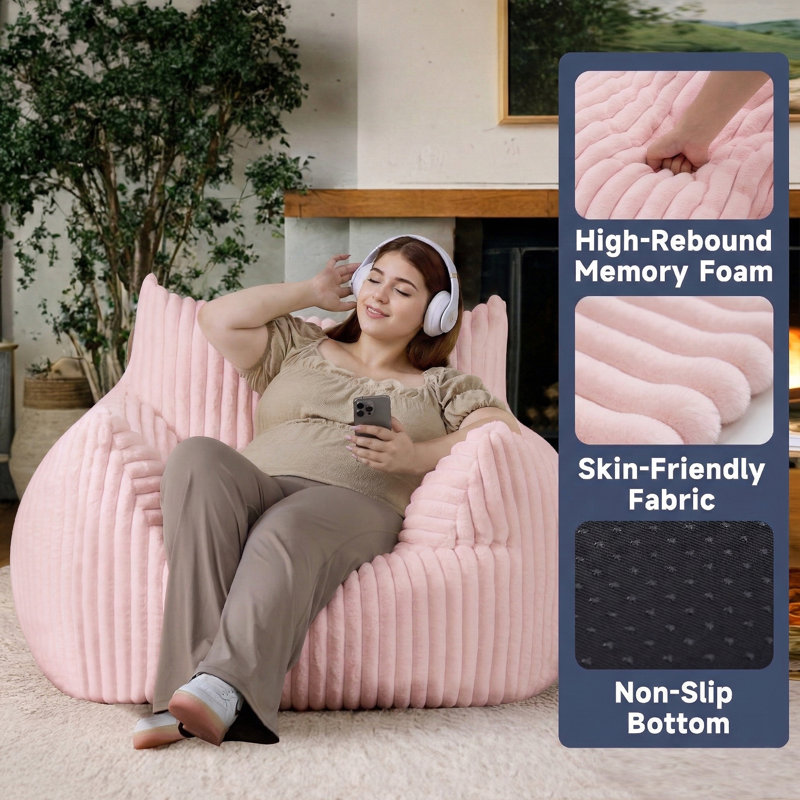 Compression Lazy sofa living room bedroom single sofa chair corduroy fabric sofa, Pink Cotton Blend