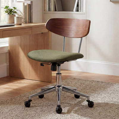 Mid Century Modern Desk Chair With Wood Back, Adjustable Height Swivel Office Chair, Ergonomic Green Fabric Upholstered Task Chair With Wheels, Retro Style For Study & Computer Room