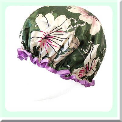 EcoShield Reusable Waterproof Shower Cap for Long Hair - Lilies Green