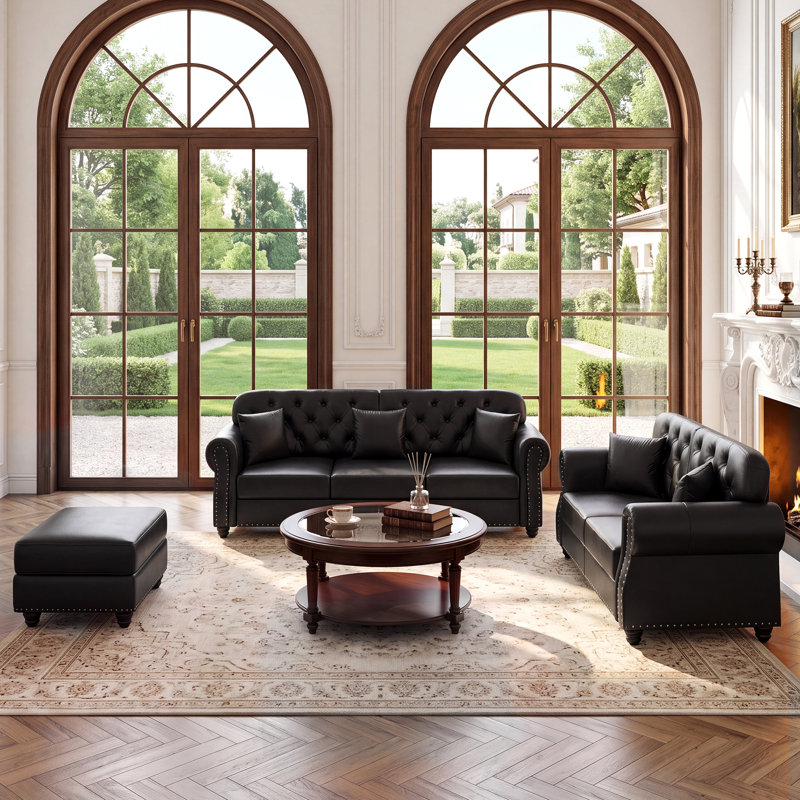 Ensemble de salon 3 pièces Mid-Century Chesterfield, Noir
