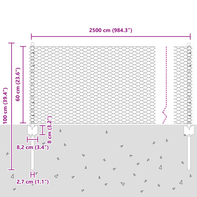 Fence with Post Segment Outdoor Barrier Garden Terrace Divider Boundary, Silver, 60cm H x 2500cm W