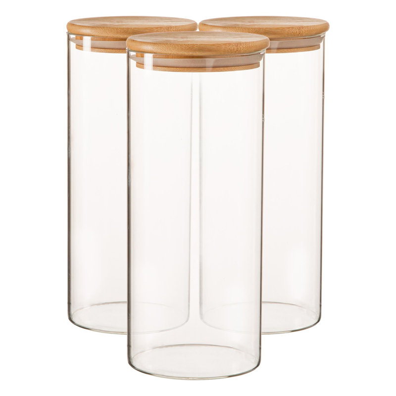Argon Tableware - Scandi Glass Storage Jars with Wooden Lids - Set of 3, 23cm H x 10cm W x 10cm D