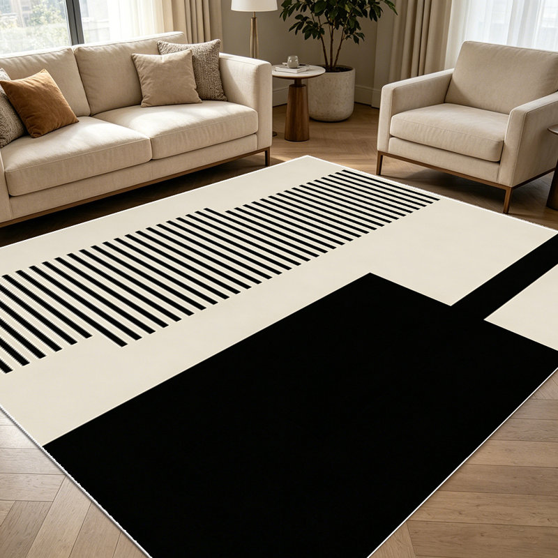 1PC Minimalist Geometric Black Beige Stripe and Block Pattern area rugs for Living Room, Soft and Comfortable, Suitable for all seasons, easy-to-maintain, machine washable Indoor floor mat, Under Table Farmhouse suitable for living room, dining area