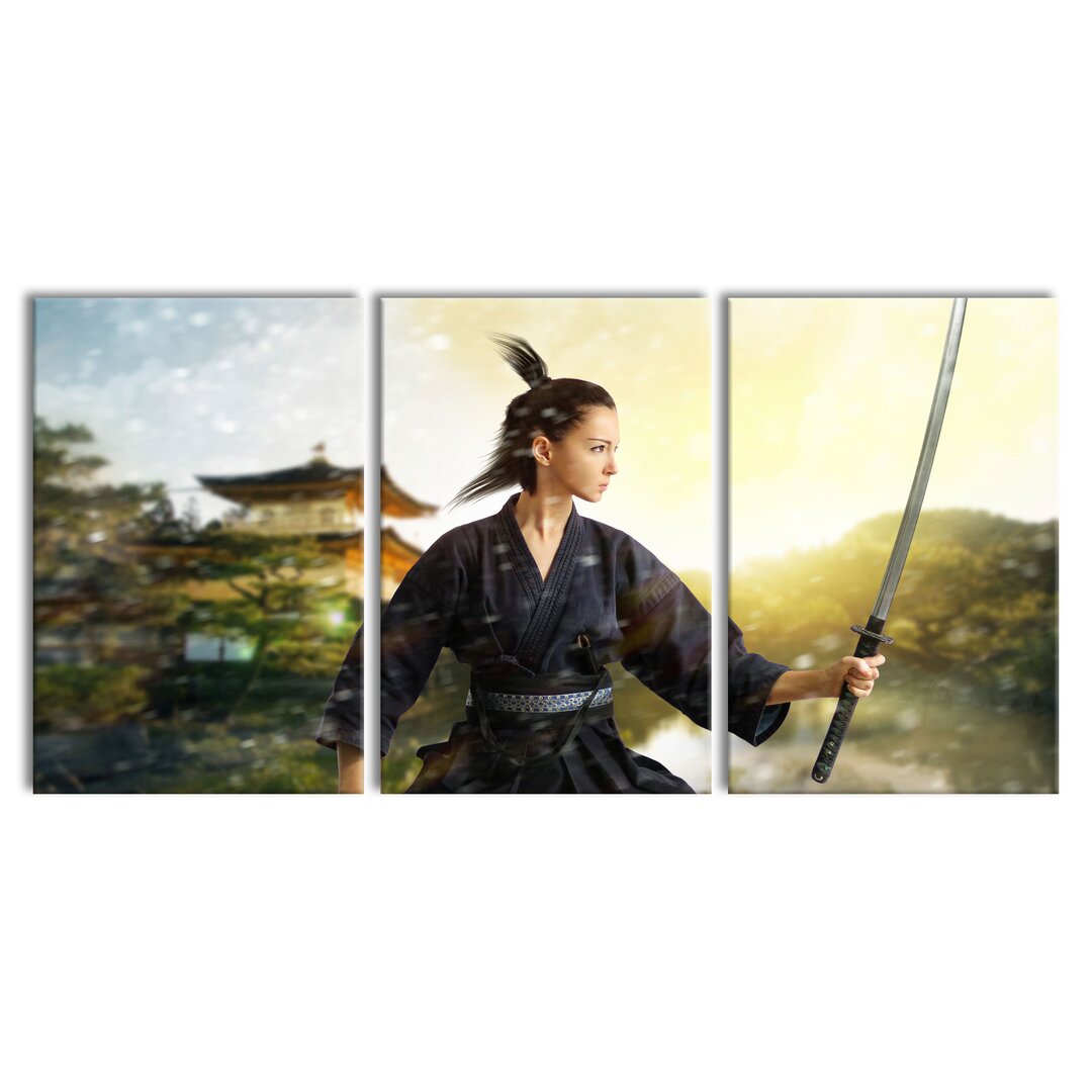 3-tlg. Leinwandbilder-Set Samurai-Kriegerin Schnee