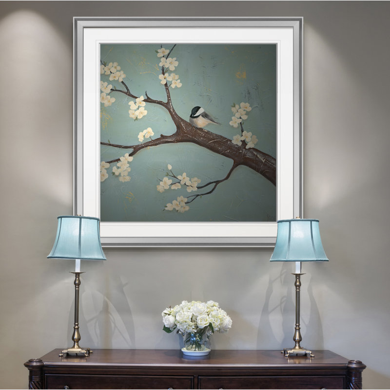 « chickadee & dogwood ii », peinture, H 16 po x l 16 po x P 1,5 po, Encadrement argenté