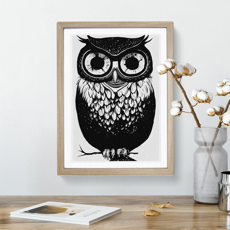 Owl Monochrome No.3 - Framed Print, 64cm H x 46cm W x 2cm D, Oak