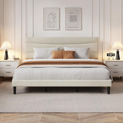 Structure de lit plateforme tapissier avec tête de lit, panneau de fibres à densité moyenne et support à lattes en bois, silencieux, facile à assembler, aucun sommier tapissier, blanc beige, noir, rose, disponible en simple TG, double, grand, très grand