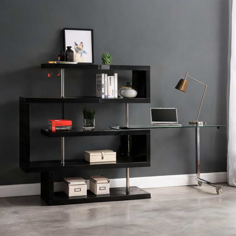 Bureau d'écriture en L avec plateau en verre trempé et finition chromée ultrabrillante, 55 W, noir / argent