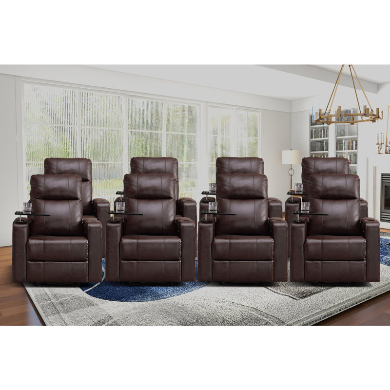 Siège de cinéma inclinable en cuir végétalien inclinable et électrique de 33,1 po de largeur avec ensemble de 8 chaises, Brun