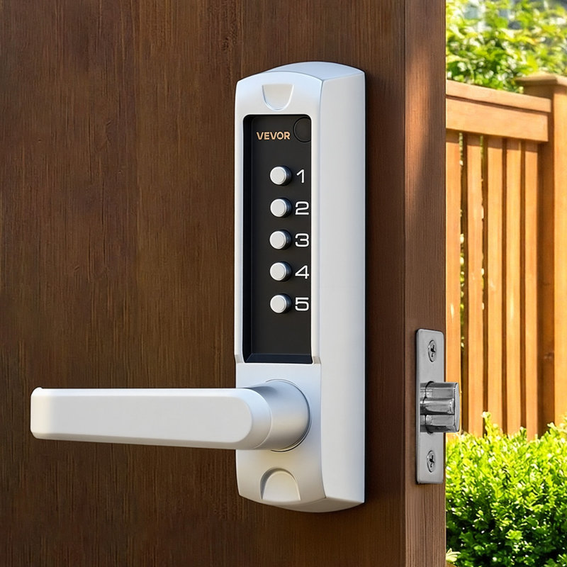 Serrure de porte mécanique sans clé, mise à niveau 2.0 du code, code à 5 chiffres, serrure de porte à bouton-poussoir à une face avec poignée, verrouillage automatique, pour portes de jardin, intérieur ou extérieur, argent