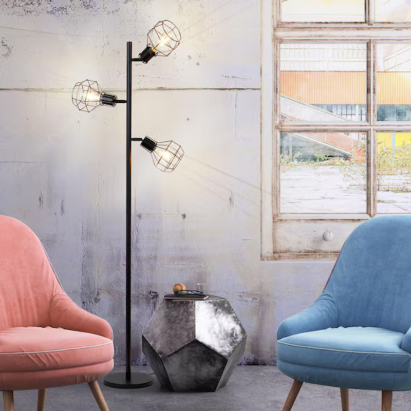 Robin Adjustable 3-Head Industrial Black LED Floor Lamp with Vintage Edison Bulbs