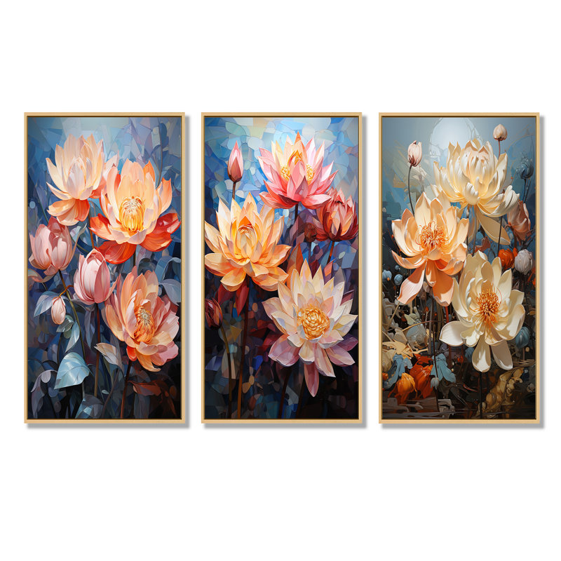 Lotus Cubist Harmony - lot de 3 décorations murales Lotus, H 40 po x l 60 po, Cadre flottant brun