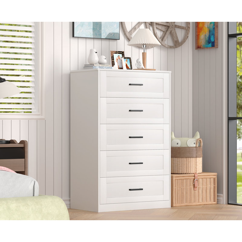 Ebern Designs 5 Drawer Dresser, Tall White Dresser Chest of Drawers, Modern Storage Cabinet with Metal Handles, Wood Vertical Dresser Organizer for Ebern Designs 5 Drawer Dresser, Tall White Dresser Chest of Drawers, Modern Storage Cabinet with Metal Handles, Wood Vertical Dresser Organizer for