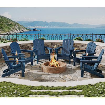 Ensemble de 6 chaises Adirondack pliables en PEHD toutes saisons avec porte-gobelet - texture en bois classique, sièges d'extérieur durables pour jardin, terrasse, cour, foyer - grain de bois en relief, bleu marine