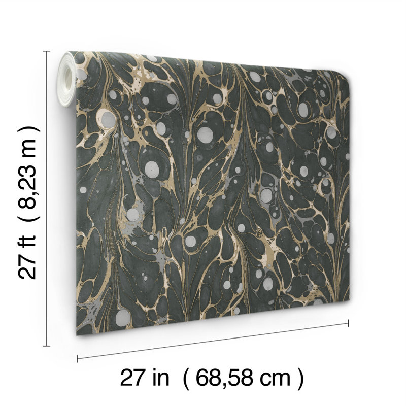 Reedley Marbled Endpaper 27' L x 27" W Wallpaper Roll, Black/Gold