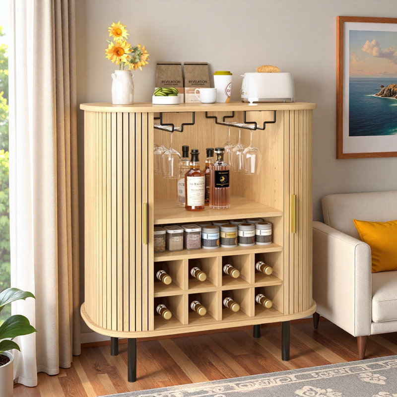 Fluted Wine Bar Cabinet With 8-grid Wine Rack, 5-level Adjustable Shelves, 2 Glass Holders, 4 Hidden Storage Space And Sliding Doors