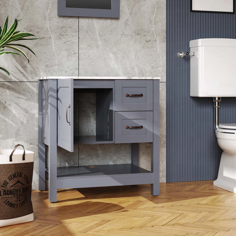 30" Gray Bathroom Vanity with Marble Top and Soft-Close Hinges