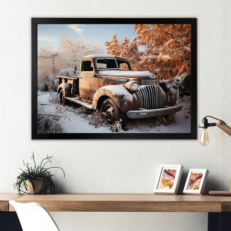 «Truck Pickup Charm In Winter I», reproduction sur toile, Cadre simple noir, H 16 po x l 32 po x P 1 po