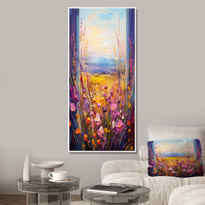 Rose et jaune, fenêtres florales, vue brise III - prairie, art mural