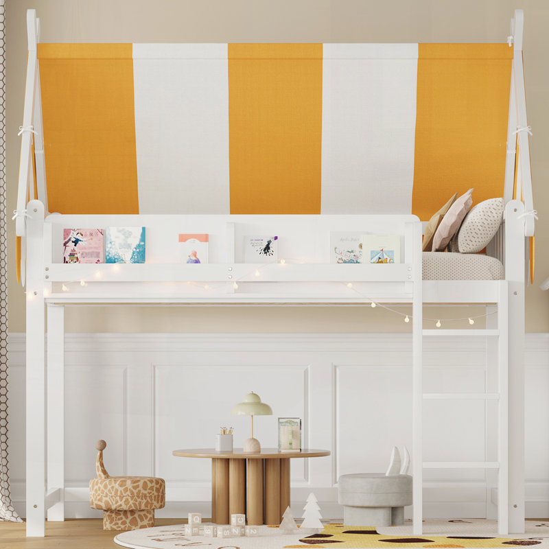 Lit mezzanine avec auvent, lumières DEL et étagère à livres, Lit simple, Blanc