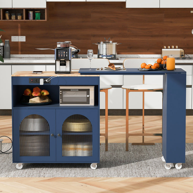 Kitchen Island On Wheels With Extended Tabletop, Led Lights, Power Outlets, Fluted Doors, Navy Blue Modern Sockets, Glass Storage,