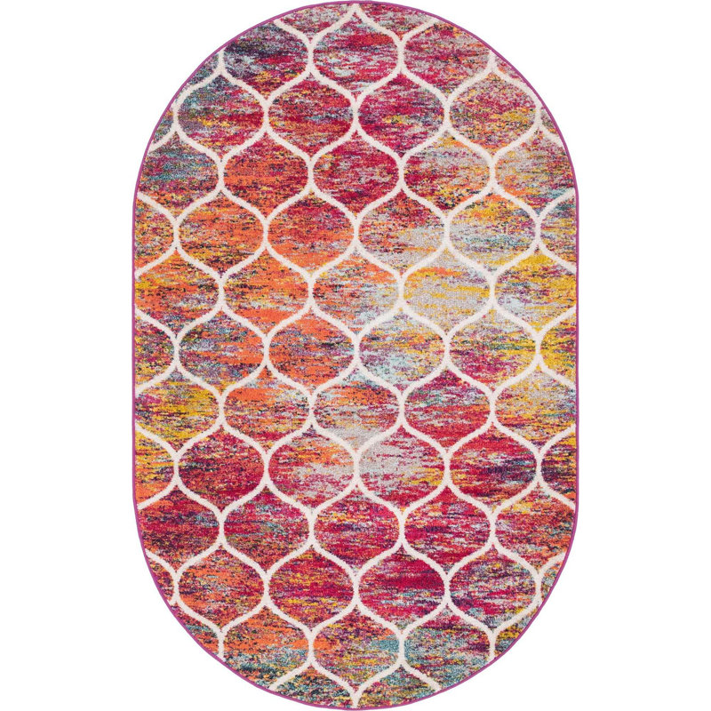 Tapis géométrique Llanet, Ovale 5 pi 3 po x 8 pi, Rouge multicolore
