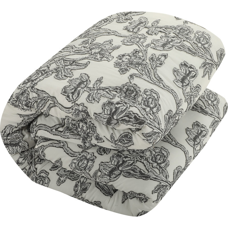 Queen Black and White Floral Jacquard Comforter Set