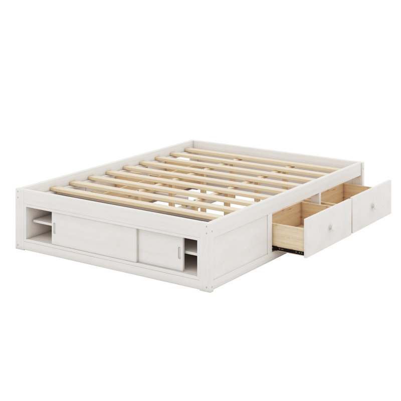 Structure de lit plateforme contemporaine avec 4 tiroirs de rangement et pied de lit, sans tête de lit, Antique White