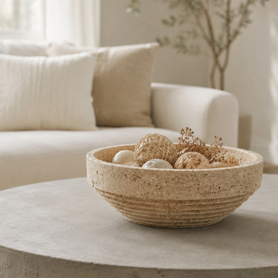 11" Cement Ribbed Decorative Bowl, Textured Sand-Infused Vessel