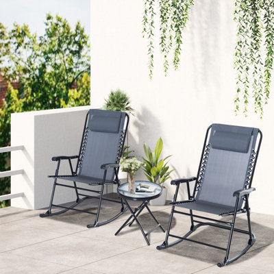 3-Piece Outdoor Folding Rocking Bistro Set, 41.75" H Chairs with Mesh, 19.25" H Glass Table, Grey