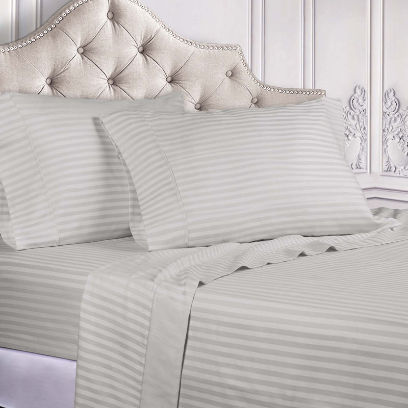 Ensemble de draps rayés en mélange de coton égyptien certifié 400 fils Kinvara, Lit double, Platine