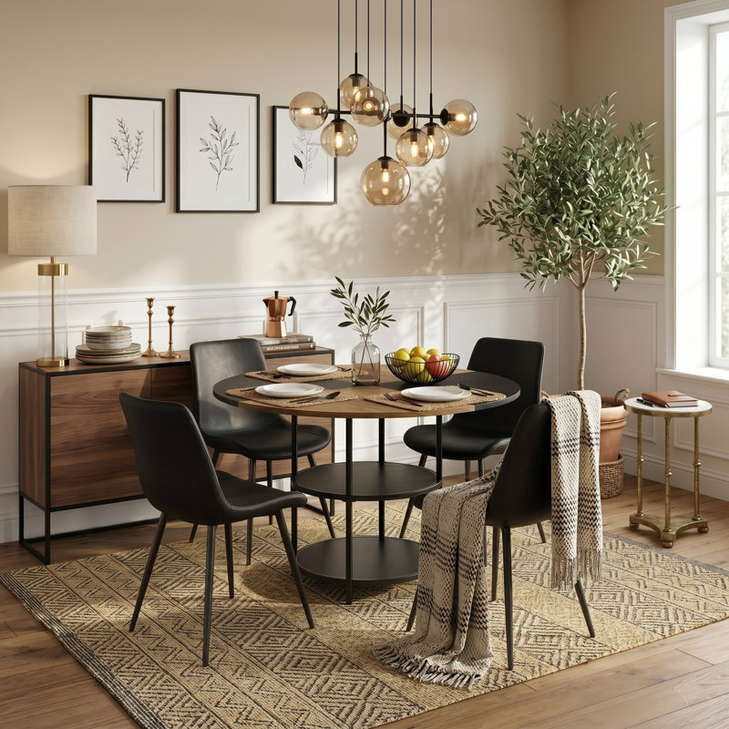 5 Piece Industrial Modern Round Dining Set with 2-Tier Storage, 47.3" Wood with Black Splicing Table , Black