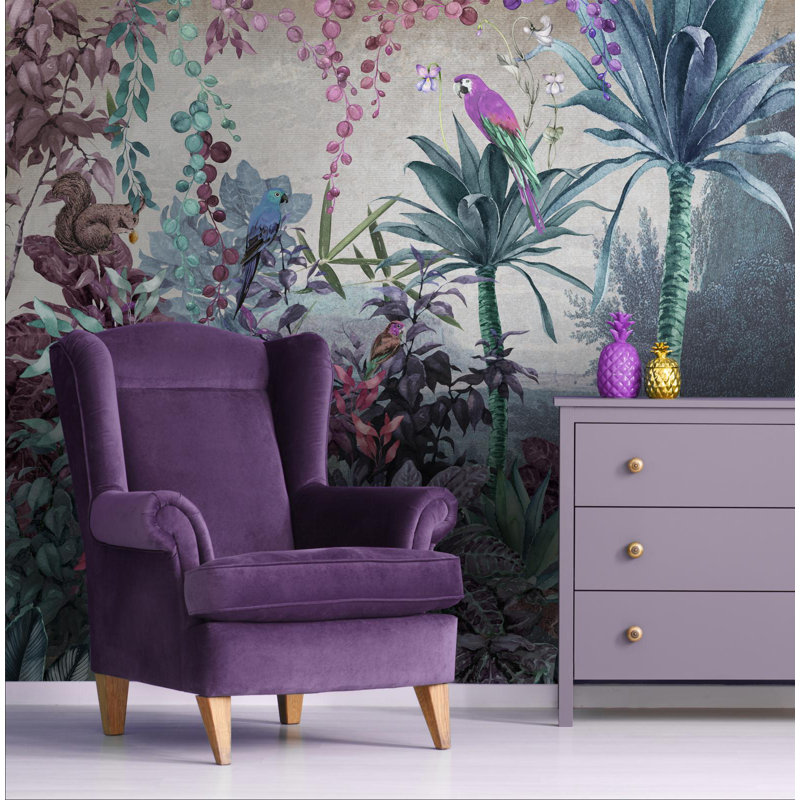 Papier peint jungle enchantée, oiseaux tropicaux et feuillage, L 110,04 po x l 122 po, Mauve