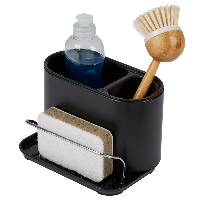 Organisateur d'évier en acier inoxydable 3-en-1 avec porte-éponge, porte-brosse et distributeur de savon à vaisselle Kitchen | Serviteur de cuisine autodrainant | Rangement de comptoir